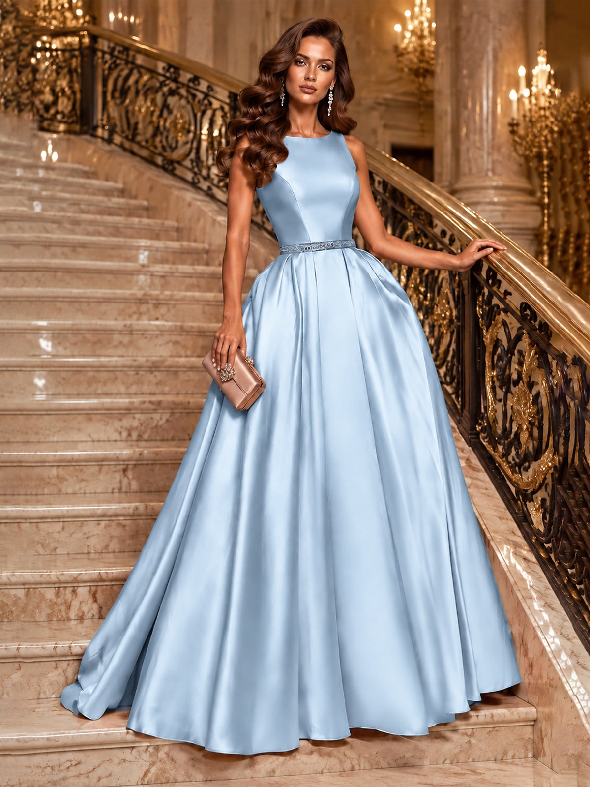 Satin A-Line Prom Dress Sleeveless Beaded Waist Formal Gown with Pockets