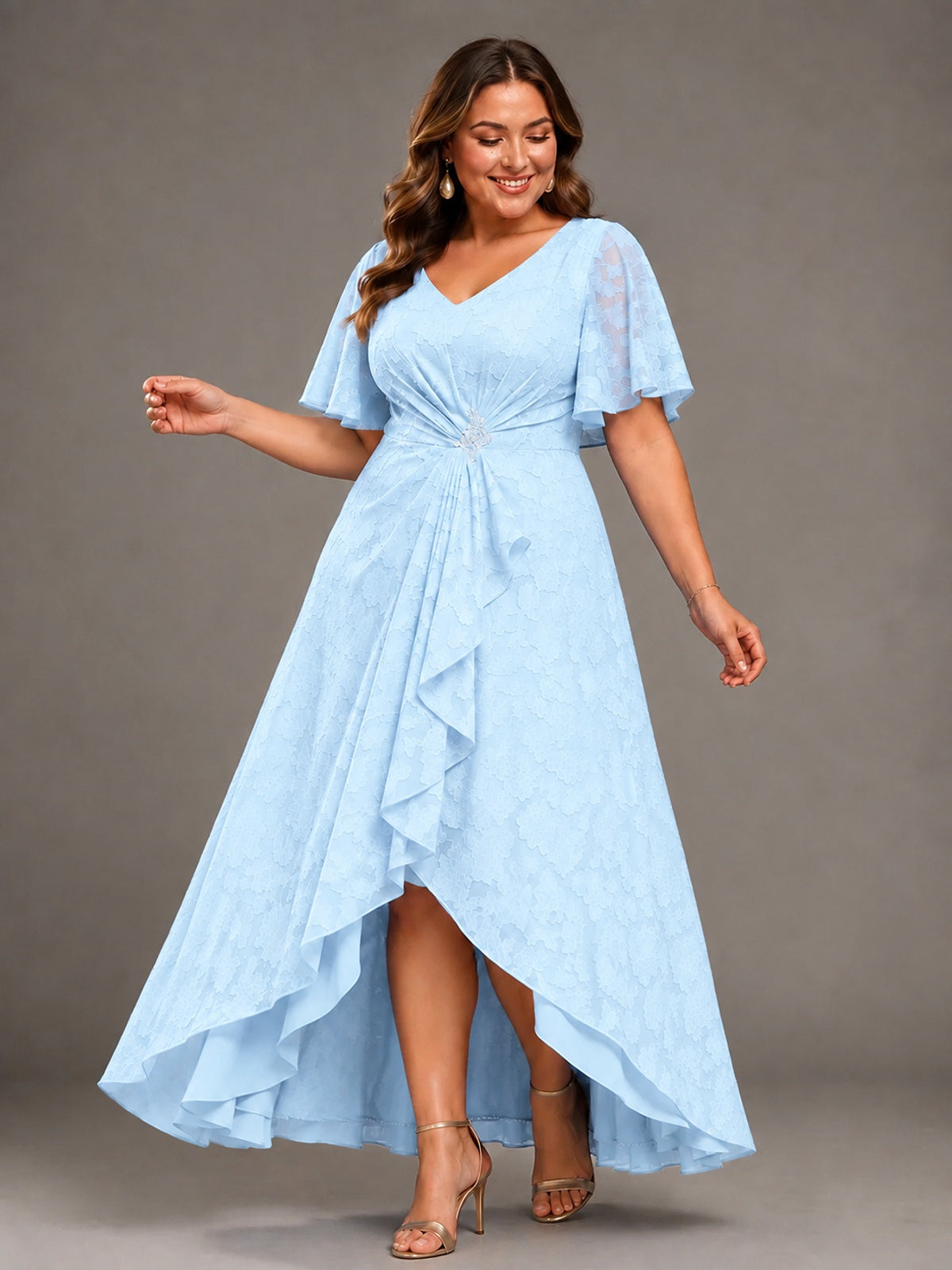 Jacquard Chiffon A-Line V-Neck High-Low Mother of the Bride Dress