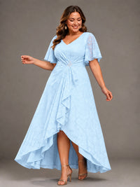 Jacquard Chiffon A-Line V-Neck High-Low Mother of the Bride Dress
