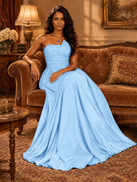 Draped Satin Prom Dress Strapless A-line Formal Dress Floor Length