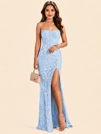 Sequin Lace Appliques Mermaid Prom Dress Spaghetti Strap Formal Gowns with Slit