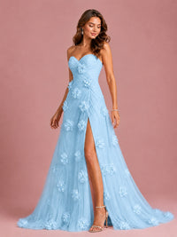 3D Floral Applique Strapless Tulle Prom Dress with High Slit