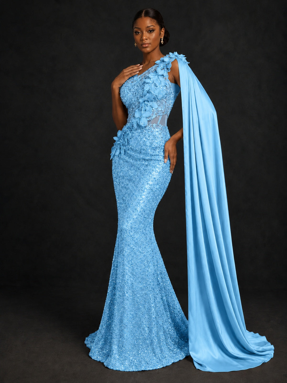 Gold Sequin One Shoulder Mermaid Prom Dress with Cape