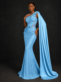 Gold Sequin One Shoulder Mermaid Prom Dress with Cape