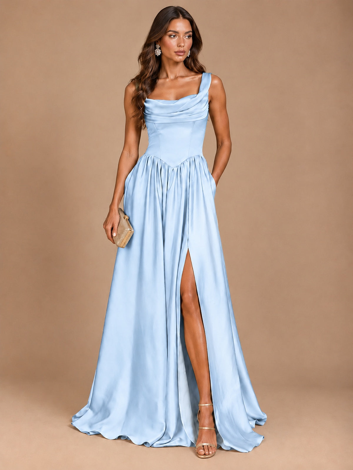 Cowl Neck Pleated Satin Prom Dress with Pockets & Slit Maxi Formal Gowns