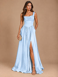 Cowl Neck Pleated Satin Prom Dress with Pockets & Slit Maxi Formal Gowns