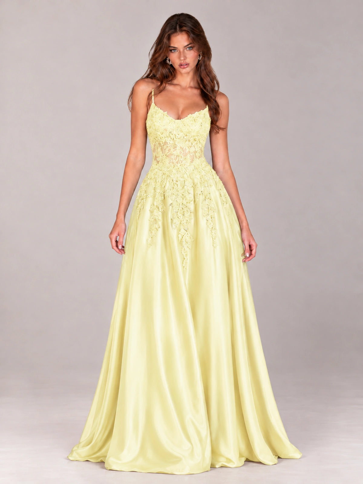 Lace Applique Satin A-Line Prom Dress with Sheer Bodice