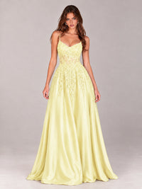 Lace Applique Satin A-Line Prom Dress with Sheer Bodice
