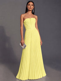 Light Yellow Strapless Pleated Satin Prom Dress Long Formal Gown Evening Dress