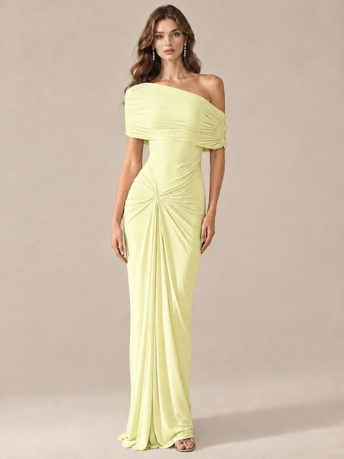 Elegant Draped Off Shoulder Ruched Mermaid Chiffon Formal Evening Gown