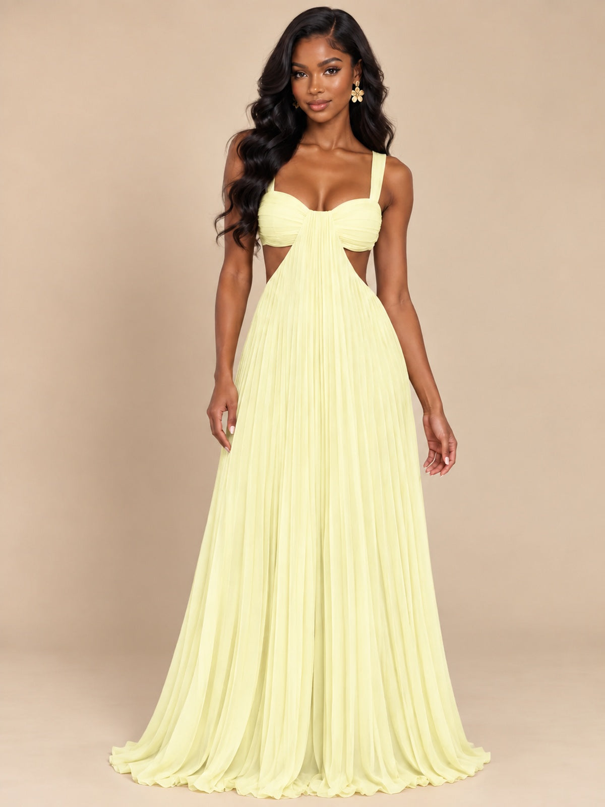 Butter Yellow Pleated Cutout Maxi Dress