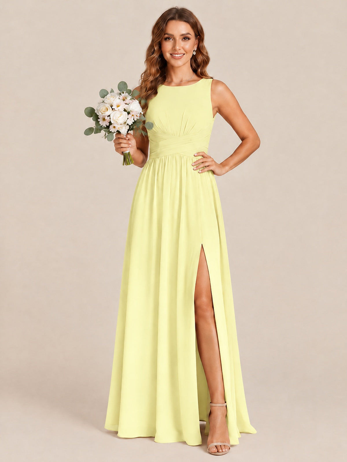 A-line Sleeveless Rucehd Chiffon Bridesmaid Dress with High Slit