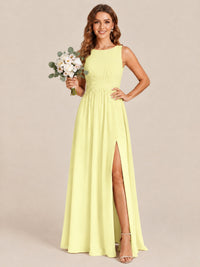 A-line Sleeveless Rucehd Chiffon Bridesmaid Dress with High Slit