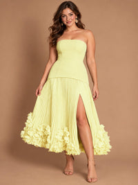 Navy Blue Strapless Pleated A-Line Midi Dress with 3D Floral Applique