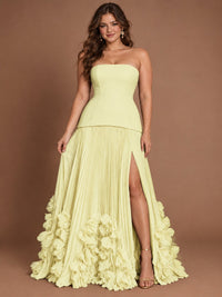 Strapless Pleated Floral Satin Formal Dress with Side Slit