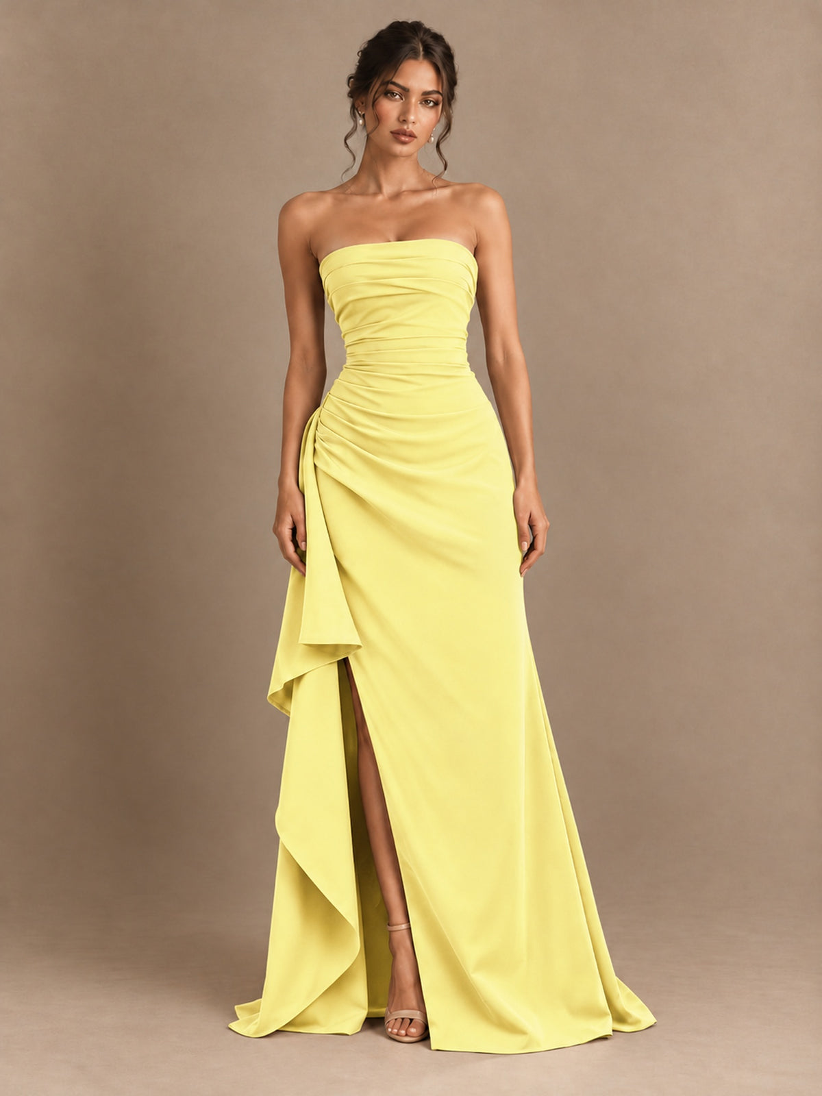 Black and White Strapless Ruched Prom Dress with High Slit & Side Drape