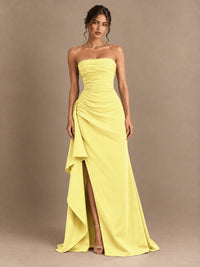 Black and White Strapless Ruched Prom Dress with High Slit & Side Drape