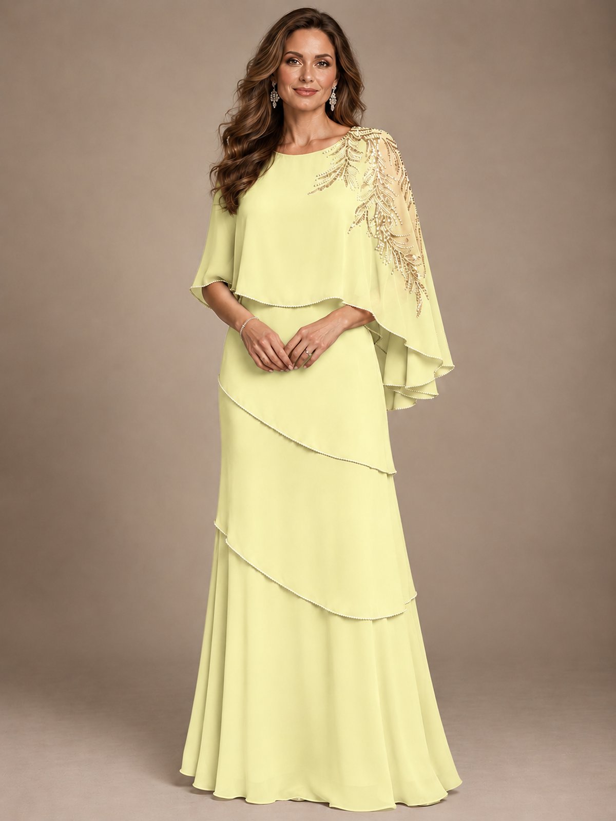 Elegant Chiffon Cape Sleeve Beaded Mother of the Bride Dress