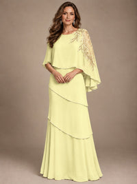 Elegant Chiffon Cape Sleeve Beaded Mother of the Bride Dress