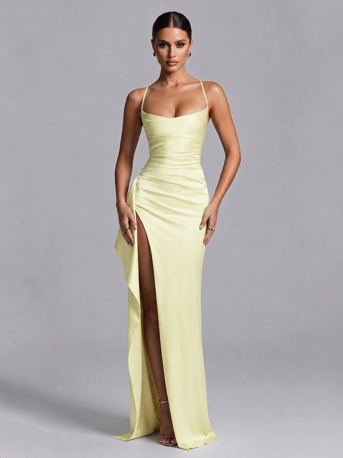 Light Yellow Squre Neck Pleated Satin Prom Dresses for Teens Women Long Evening Formal Gown with Slit Ruffles