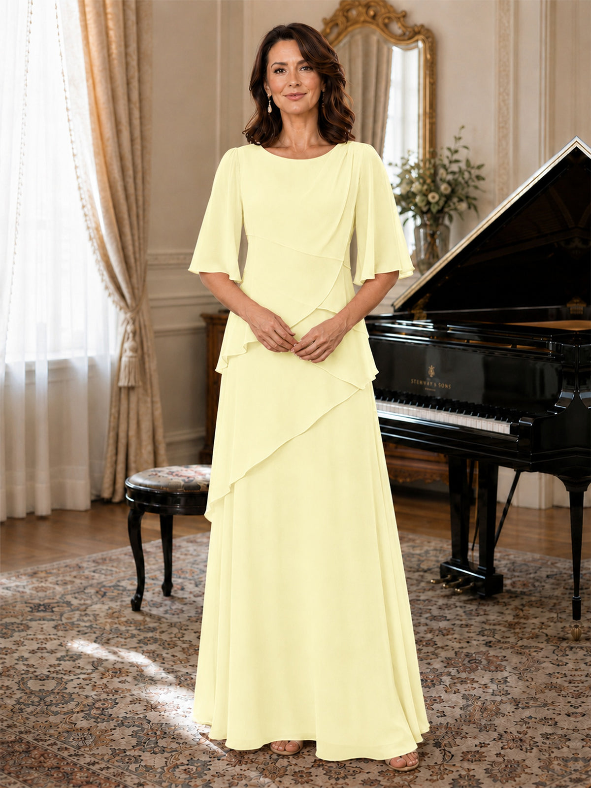 Asymmetric Draped Chiffon Mother of the Bride Dress with Flutter Sleeves