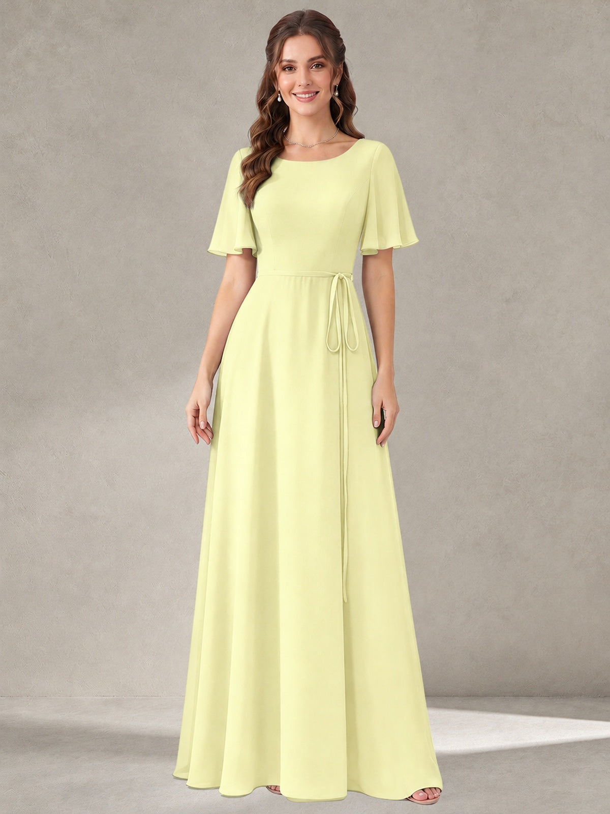 Light Yellow Scoop Neck A-line Chiffon Bridesmaid Dress with Belt Flutter Sleeve Formal Wedding Guest Dress Evening Gown