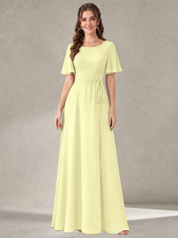 Light Yellow Scoop Neck A-line Chiffon Bridesmaid Dress with Belt Flutter Sleeve Formal Wedding Guest Dress Evening Gown