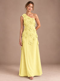 Light Yellow- One Shoulder Satin Formal Maxi Dress with 3D Floral