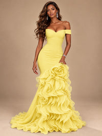 Dusty Blue Off-the-Shoulder Mermaid Prom Dress with 3D Rose & Ruffles