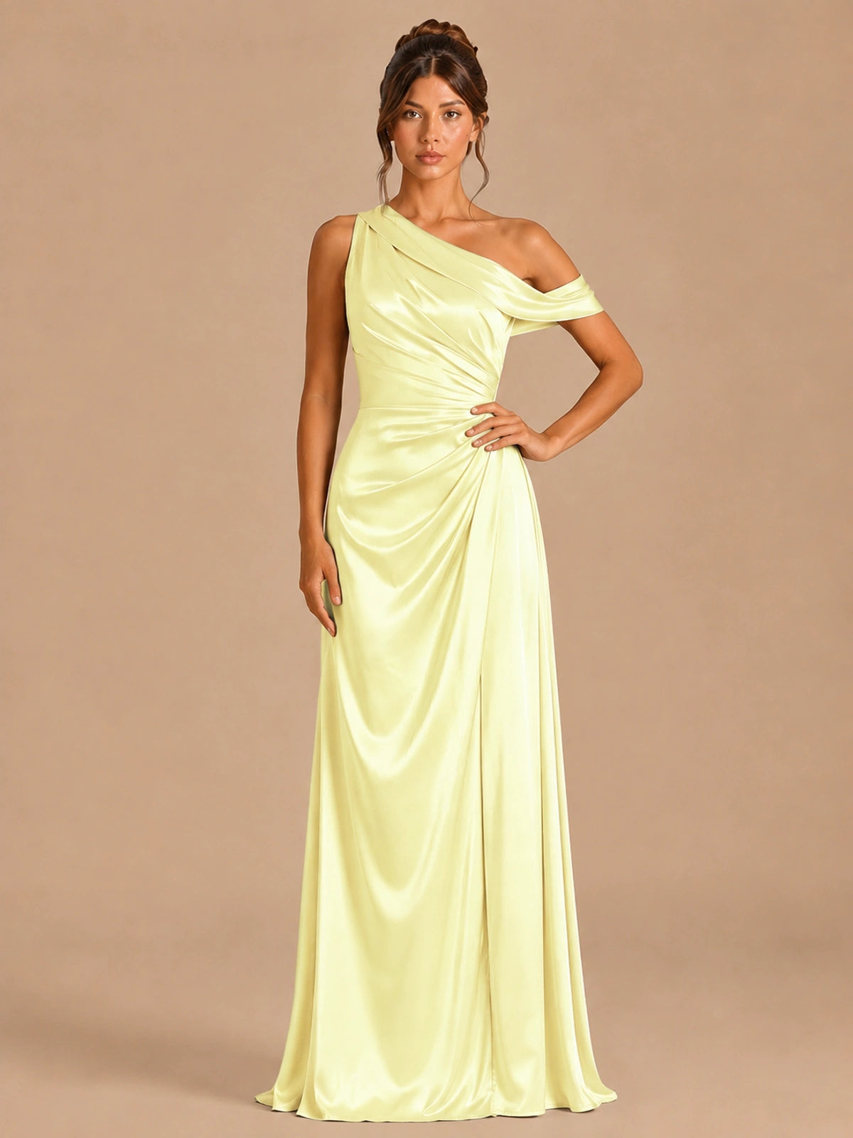 Light Yellow-satin one shoulder prom dress ruched long formal gow Jovelle