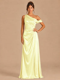 Light Yellow-satin one shoulder prom dress ruched long formal gow Jovelle