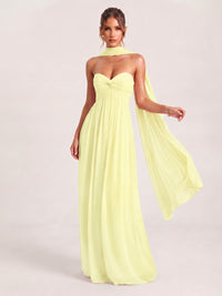 Light Yellow Strapless Ruched Chiffon Long Prom Dress with Scarf A-line Sweetheart Ruffled Formal Wedding Guest Dress Evening Gown