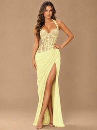 Sweetheart Halter Prom Dress Pleated Lace Floral Formal Dress with Slit