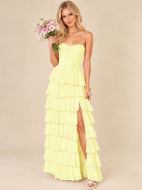 Ruffled Tiered Chiffon Prom Dress Spaghetti Straps Formal Maxi Dress with Slit