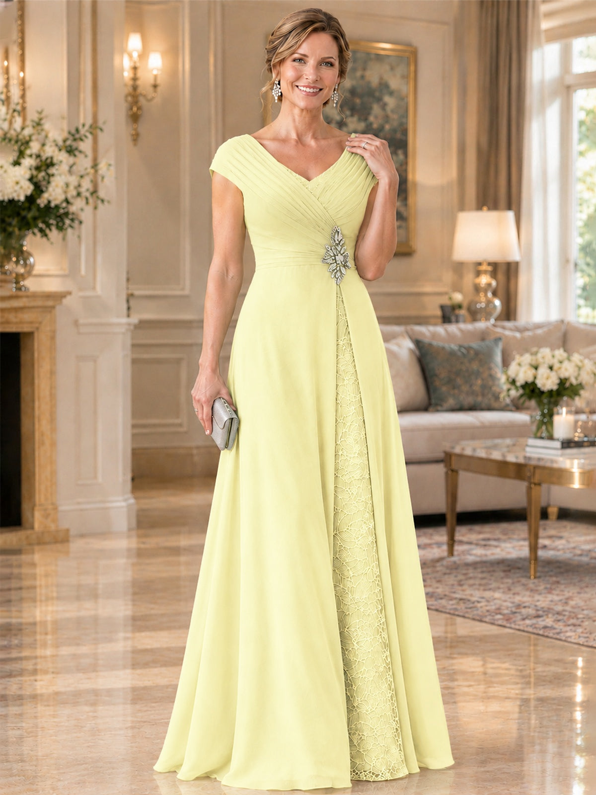 Pleated Chiffon Lace Mother of The Bride Dresses with Beading Cap Sleeves
