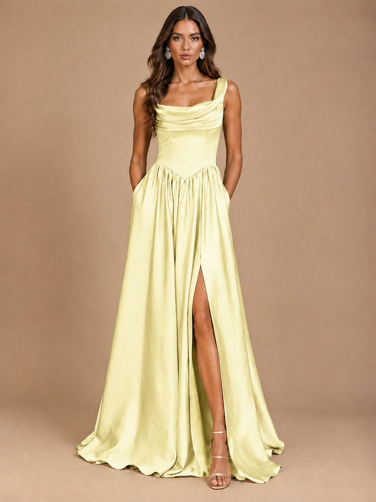 Cowl Neck Pleated Satin Prom Dress with Pockets & Slit Maxi Formal Gowns
