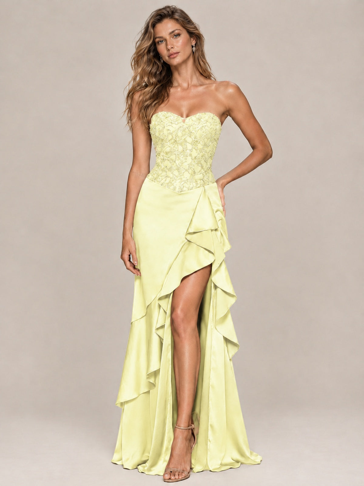Strapless Lace Appliques Corset Satin Prom Dress Ruffle Slit Evening Gown