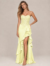Strapless Lace Appliques Corset Satin Prom Dress Ruffle Slit Evening Gown