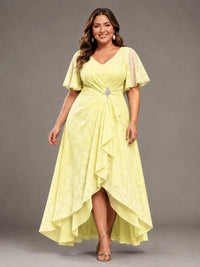 Jacquard Chiffon A-Line V-Neck High-Low Mother of the Bride Dress