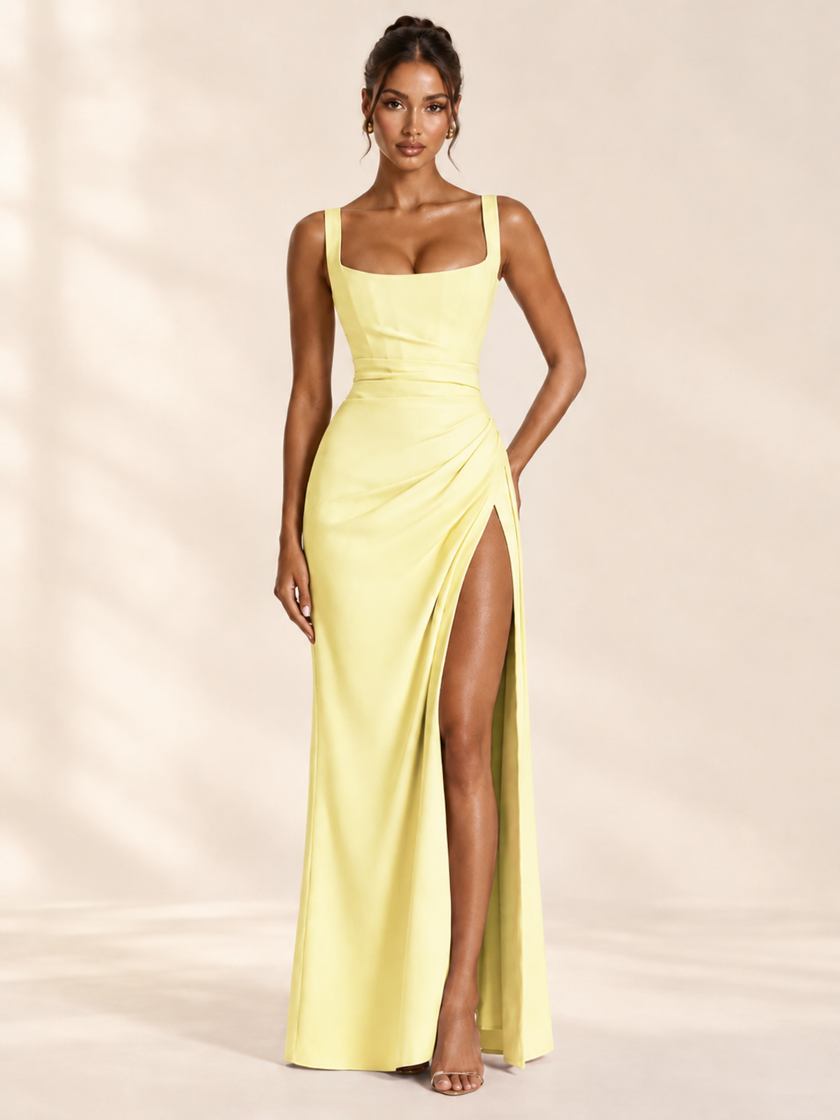 Square Neck Satin Sleeveless Ruched Prom Dress with High Slit