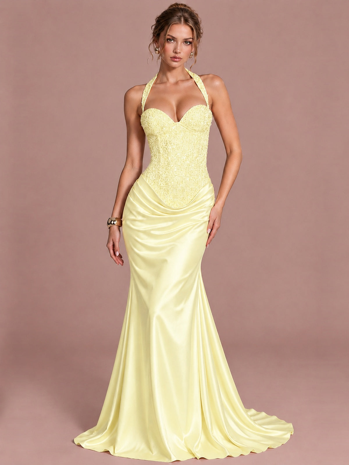 Light Yellow Sparkling Halter Corset Satin Mermaid Prom Dress Long Ruched Sequin Formal Gown Evening Party Dress