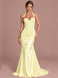 Light Yellow Sparkling Halter Corset Satin Mermaid Prom Dress Long Ruched Sequin Formal Gown Evening Party Dress