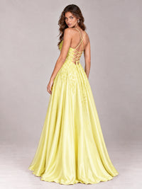 Lace Applique Satin A-Line Prom Dress with Sheer Bodice
