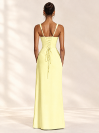 Square Neck Satin Sleeveless Ruched Prom Dress with High Slit