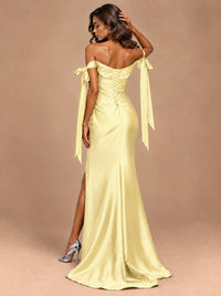 Off The Shuolder Satin Prom Dress Slit Mermaid Formal Gowns