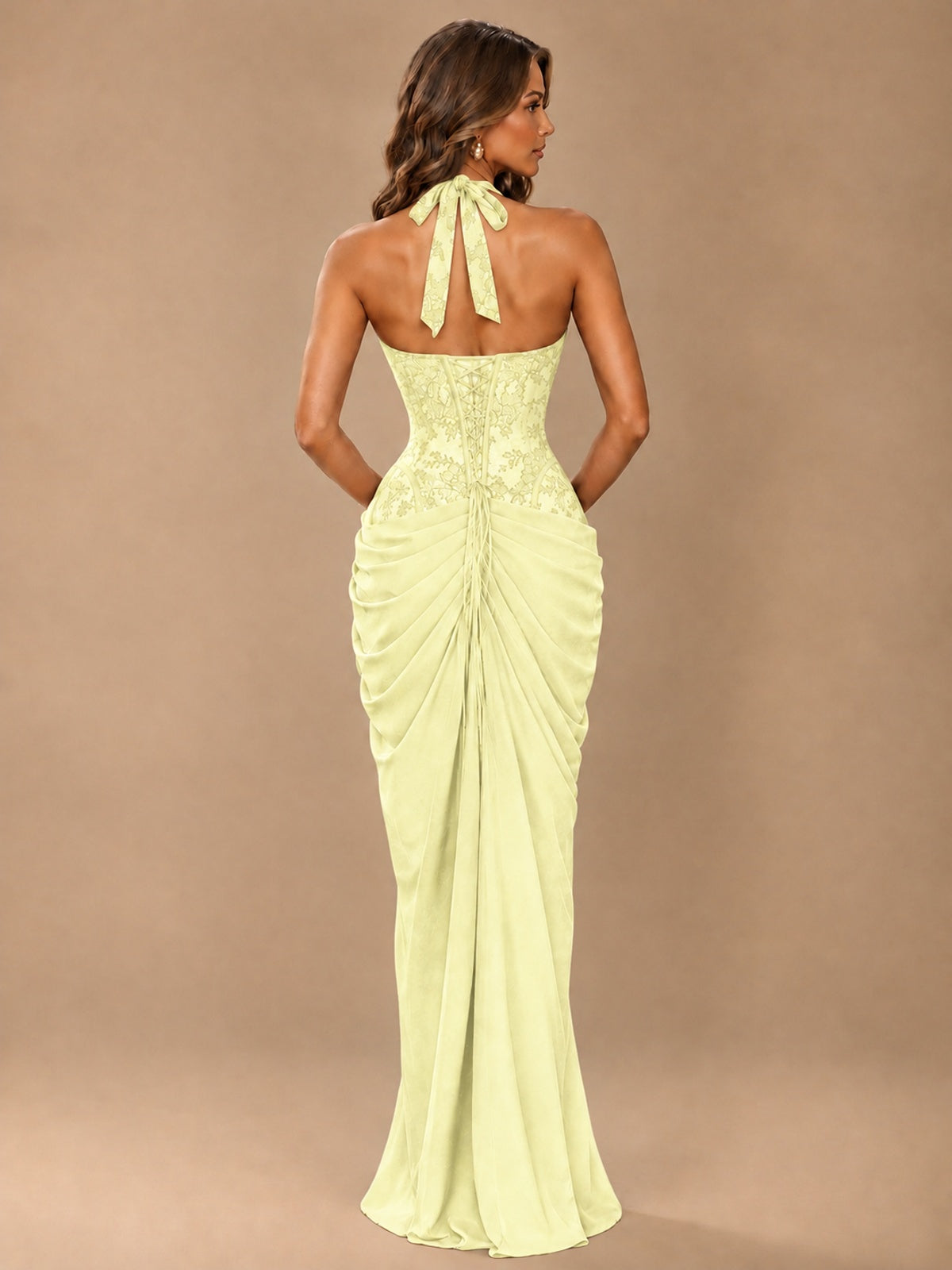 Sweetheart Halter Prom Dress Pleated Lace Floral Formal Dress with Slit
