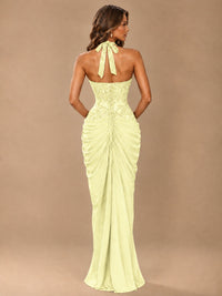 Sweetheart Halter Prom Dress Pleated Lace Floral Formal Dress with Slit