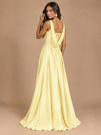 Cowl Neck Pleated Satin Prom Dress with Pockets & Slit Maxi Formal Gowns