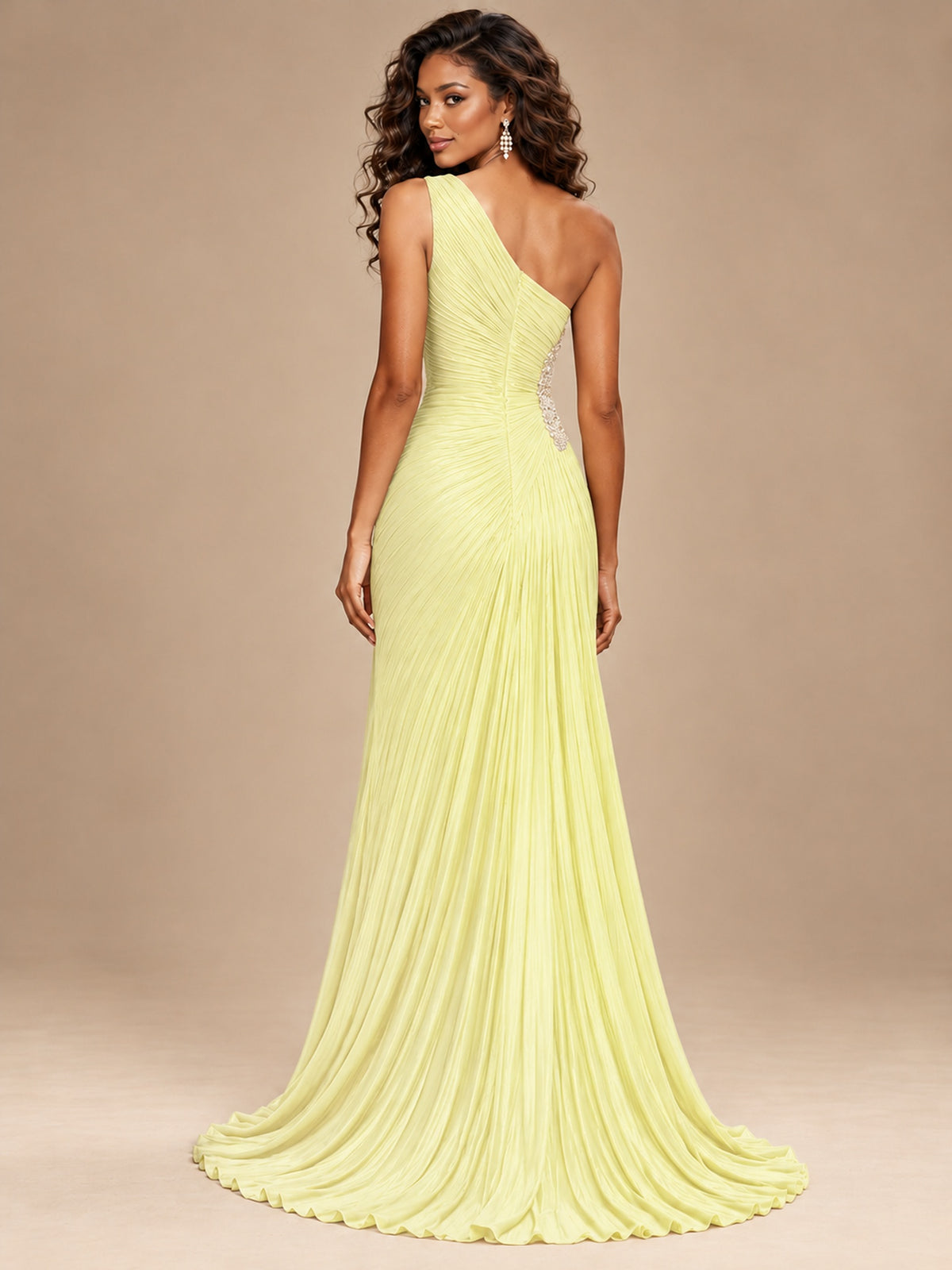 Burgundy One Shoulder Ruched Prom Dress with High Slit & Beaded Waist