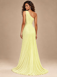 Burgundy One Shoulder Ruched Prom Dress with High Slit & Beaded Waist